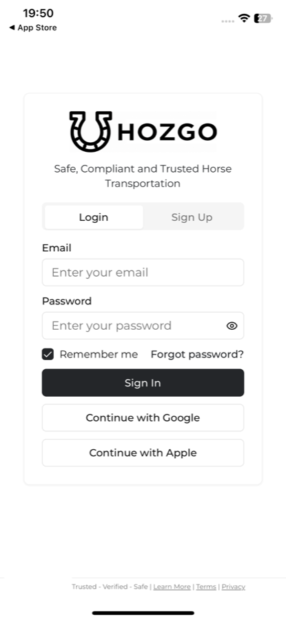A screenshot of the HOZGO app login screen on an iPhone, with email and password fields and a Sign In button.