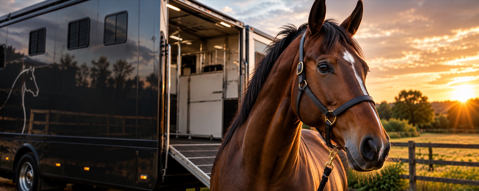 A bay horse in a headcollar beside a horsebox with its rear ramp down, in a field at sunset.